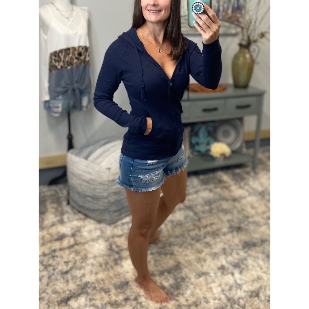 ❤️‍🔥Waffle Thermal Zip Up Drawstring Pocket Hoodie Navy Blue 4421 - Picture 2 of 7